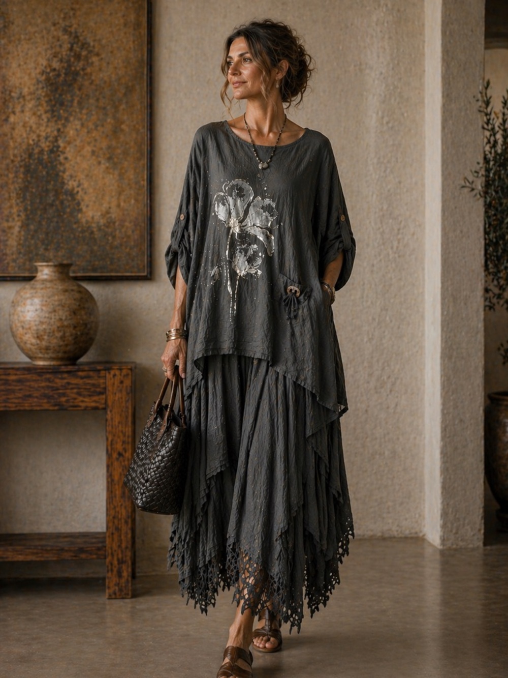 Beyond Capri Boho Italian Linen Lagenlook Top OS Gray Floral Oversized Tunic